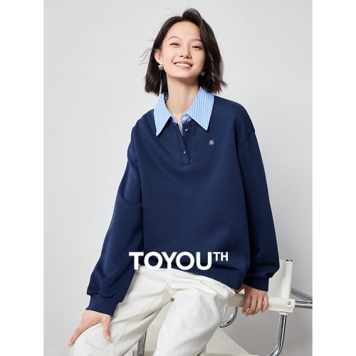 Immagine di TOYOUTH felpe con cappuccio da donna 2024 autunno New Splicing Patchork Fake due pezzi Turn Down Collar Pullover felpa top
