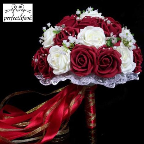 Image of Elegant Burgundy Wedding Bouquet with Pink, Red, White, and Royal Blue Artificial Roses for Bride and Bridesmaids