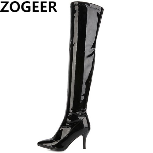 Imagen de Botas altas hasta el muslo para mujer, botas por encima de la rodilla a la moda en rojo, blanco y negro, charol, Sexy, con cremallera, para club nocturno, baile, zapatos largos para mujer, talla grand