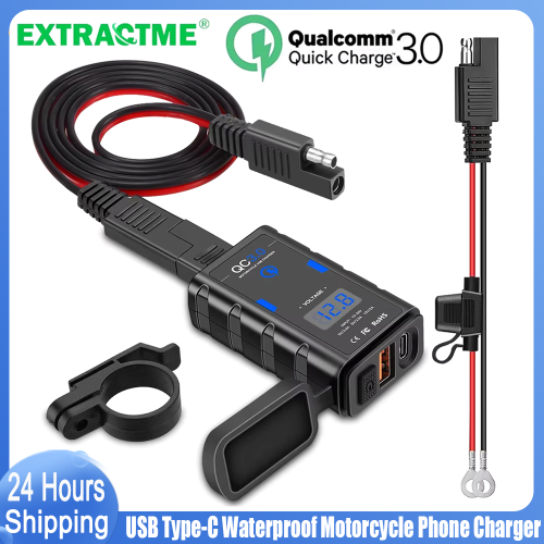 Image of Waterproof Motorcycle USB Charger with QC 3.0, Type-C Port, 6.4A Output, Built-in Voltmeter and Power Supply Socket Adapter for Reliable On-the-Go Charging