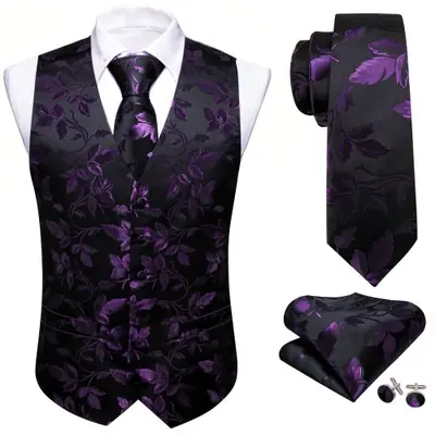 Image de Gilet homme jacquard paisley avec cravate et boutons de manchette
