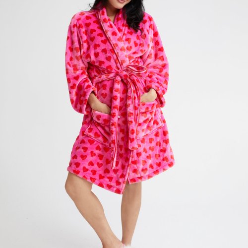 Image of Cozy Winter Flannel Robe for Women with Heart and Candy Print Plush Sleepwear Long Sleeve Lapel Tie-Up Kimono Bathrobe