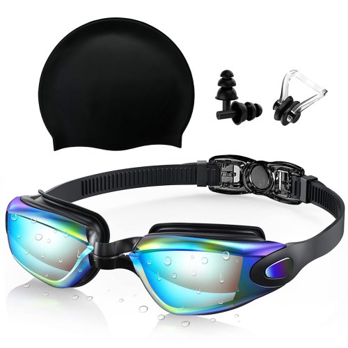 Immagine di Occhialini da nuoto e set di cuffie da nuoto in silicone con tappi per le orecchie con clip per il naso, occhiali di sicurezza con protezione UV antiappannamento impermeabili senza perdite