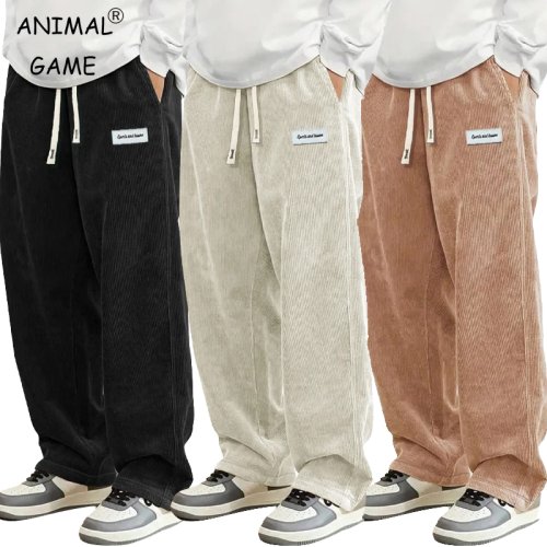 Imagen de Pantalones Informales de Pana para Hombre, Modelo Holgado y a la Moda con Cintura Elástica y Cordón, Pantalones de Chándal Rectos para Ropa de Calle y Uso Exterior