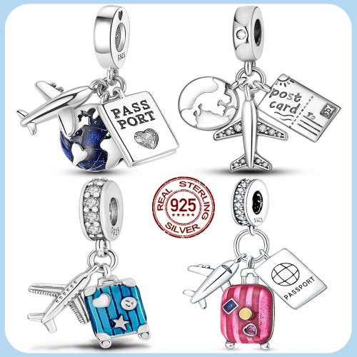 Afbeelding van Echt 925 Sterling Zilver Reizen Paspoort Vliegtuig Bedels Kralen Hangers voor Originele Armband DIY Sieraden Set - Perfecte Geschenk voor Vrouwen