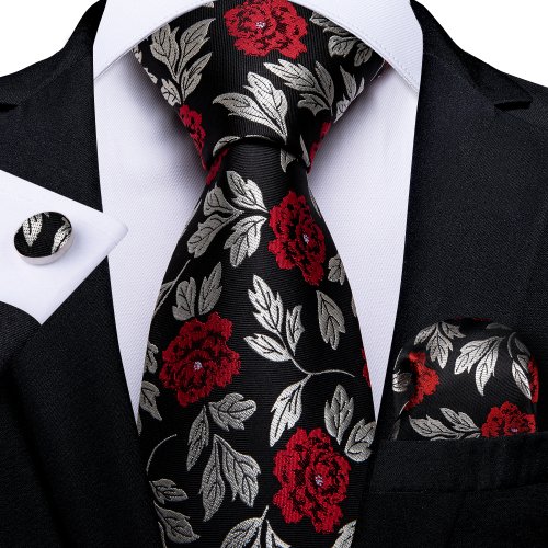 Afbeelding van Elegante Zijden Stropdas Set voor Heren - Zwart Rood Roos Bloemen Ontwerp, 8 cm Breed, met Zakdoek en Manchetknopen - Perfect voor Business, Bruiloft en Formele Gelegenheden