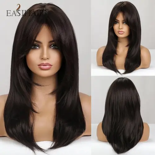 Image de Perruque Synthétique Brune Lisse avec Frange - Naturelle & Résistante à la Chaleur
