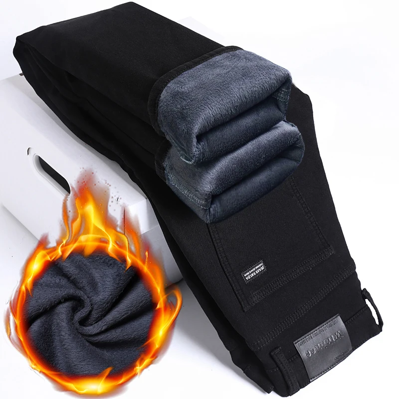 Warme Heren Winter Jeans met Fleece Lining - Zwarte Rechte Stretch Denim Broek voor Mannen, Plus Size, Casual en Comfortabel