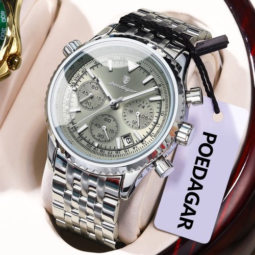 Imagen de Reloj POEDAGAR de lujo a la moda para hombre, reloj de cuarzo luminoso resistente al agua de acero inoxidable para hombre, cronógrafo con fecha, relojes militares para hombre