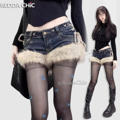 Image of Y2K-Inspired Low-Rise Denim Shorts with Butterfly Rivets, Hollow Lace-Up Detail, and Furry Cuffs – Retro Gyaru Style Women's Jean Shorts
