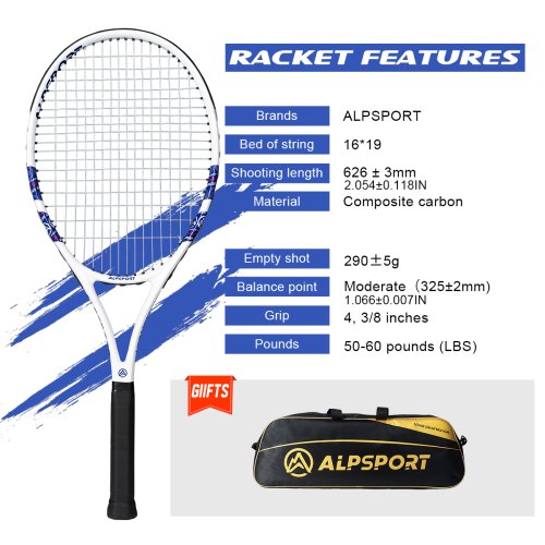 Image of ALPSPORT Carbon Fiber Tennis Racket T800 18K-Professional Grade with Bag&Strap Lightweight Training Racquet for Adults Men&Women