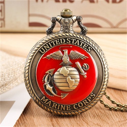 Bild von Vintage Quarzuhr mit US Marine Corps Motiv – Modischer roter Anhänger Halskette, Souvenir-Geschenk für Kinder und Schulbedarf