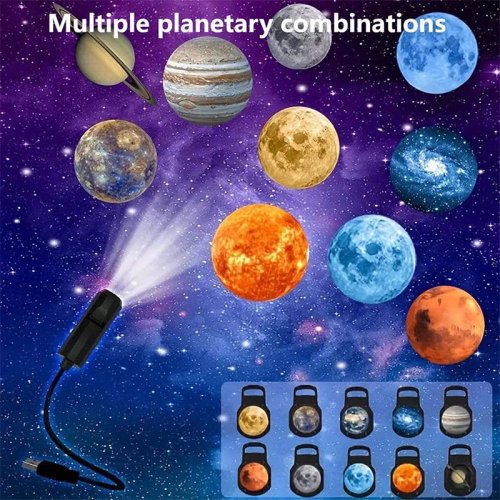 Zdjęcie Projektor LED z efektem gwiazd, galaktyk, księżyca i Ziemi – dekoracyjna lampka nocna z wymiennymi wzorami projekcji do salonu, sypialni i dziecięcego pokoju