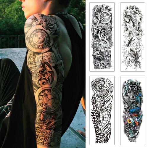 Bild von Wasserdichte Temporäre Tattoo-Aufkleber mit großem Armhülsen-Design – Rose, Gothic-Tiger, Schmetterling, Karpfen – Falsche Tätowierung für Männer und Frauen