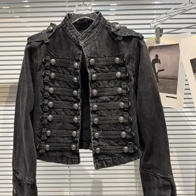 Image de Veste en Denim Noire Col Montant - Style Vintage Moto