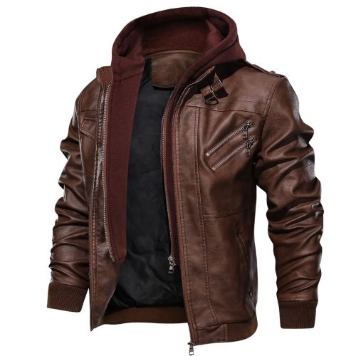 Imagen de Chaqueta de Cuero PU con Capucha para Hombre - Estilo Motociclista