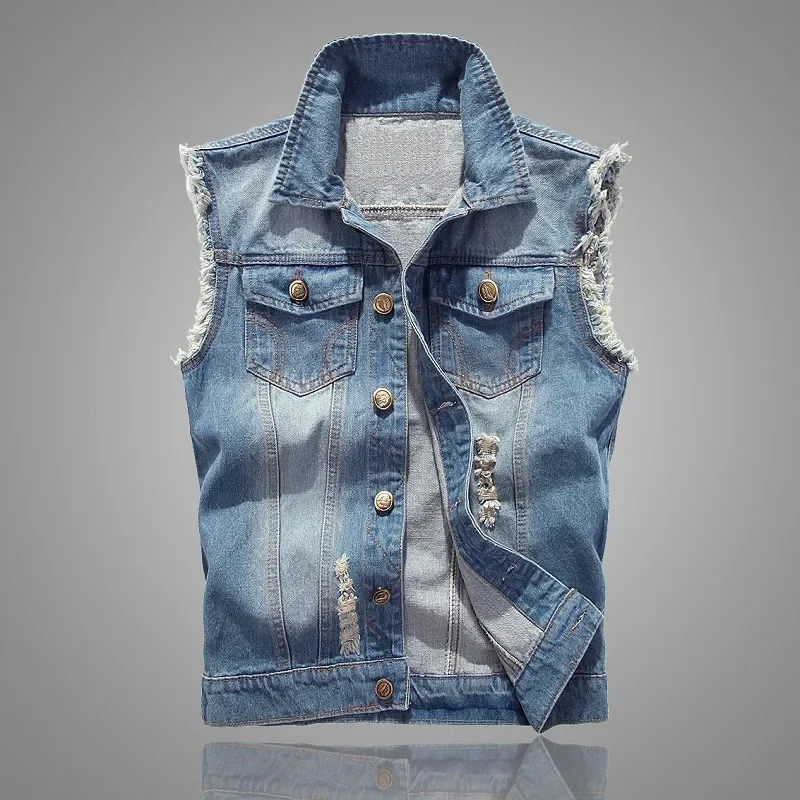 Imagen de Chaleco Vaquero Rasgado de Verano para Hombre, Camiseta Sin Mangas con Estilo Retro, Chaqueta de Jeans Lavado y Diseño Hip Hop