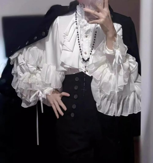 Zdjęcie Japońska Bluzka Kawaii Lolita – Damska Koszula w Stylu Vintage z Koronką i Patchworkiem, Y2K Estetyka, Luźny Top na Codzienny Użytek i Cosplay