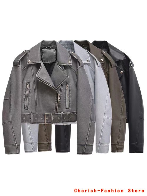 Immagine di Cappotto da donna in ecopelle PU, giacca corta con cerniera, stile casual e moderno per strada e moto, elegante e resistente