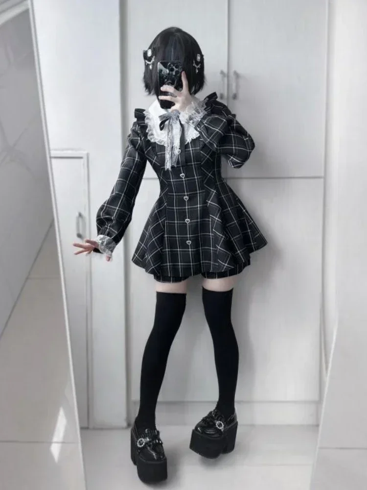 Image of Japanese Fairy Sweet Lace Patchwork Plaid Dress for Women – Kawaii Grunge Ruffled Long Sleeve Y2K Aesthetic JK Lolita Style Dress