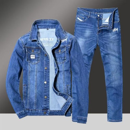 Image of Men's Spring Autumn Denim Suit Set – Loose Fit Korean-Style Two-Piece Casual Jacket and Pants Outfit