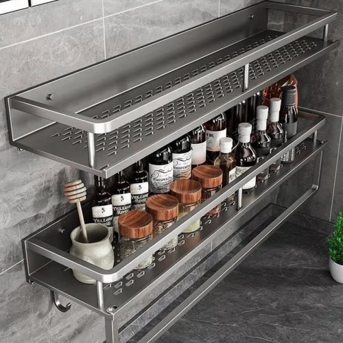 Imagen de Estante de Cocina de Aluminio Resistente a la Humedad y Oxidación, Organizador de Especias Montado en la Pared, Estantería para Baño y Artículos de Tocador, Diseño Moderno y Duradero