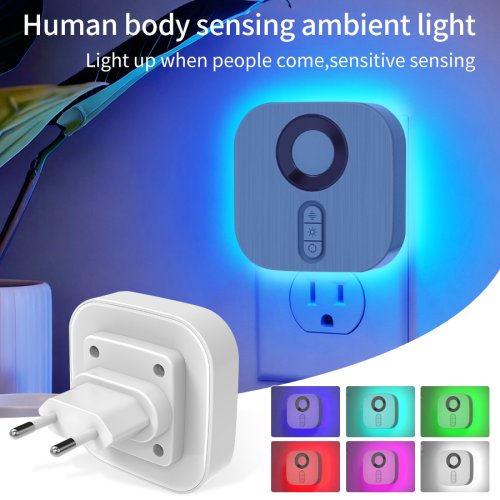 Bild von LED-Nachtlicht mit EU-Steckdose, Bewegungsmelder und RGB-Farben – Umgebungs-Wandlampe für Schlafzimmer, Treppenhaus, Toilette, Flur, Badezimmer und Arbeitszimmer