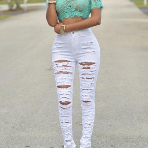 Image de Jeans Femme Taille Haute Déchiré 2025 - Noir & Blanc