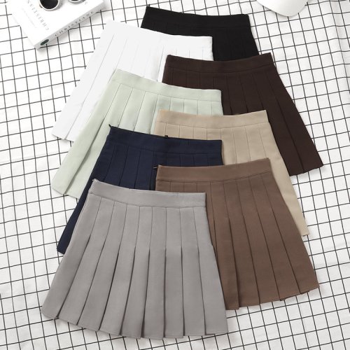 Image of 2022 Summer Women's High-Waisted Harajuku Korean-Style Mini Pleated Skirt in Brown and Black – Perfect for School Girl Uniforms and Casual Outfits
