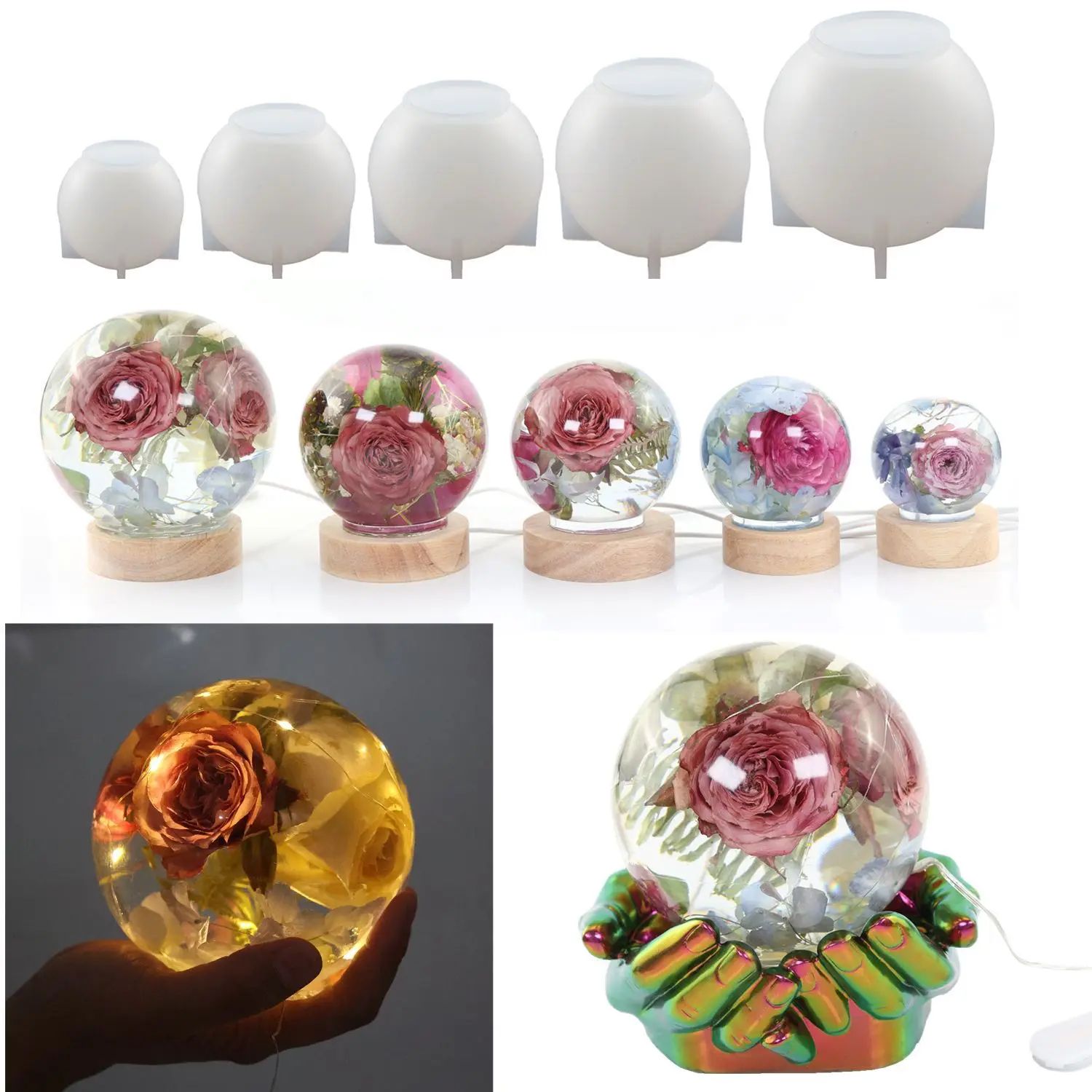 Imagen de Molde de Silicona Esférico para Resina Epoxy con Diseño de Flor Seca – Kit DIY para Crear Espejos Decorativos y Joyas Únicas