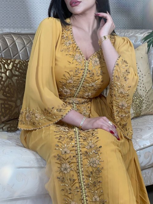 Image of Elegant Moroccan Evening Abaya for Women – Islamic Diamond Embroidery Kaftan Dress with Belt, Maxi Muslim Formal Wear