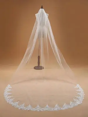 Image de Voile de Mariée Long Blanc Ivoire avec Dentelle - Style Cathédrale