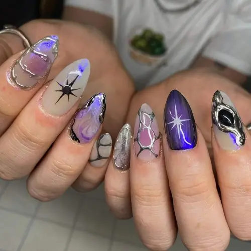 Image de Ongles Faux Étoiles Bleues Y2K - Style Français & Lune
