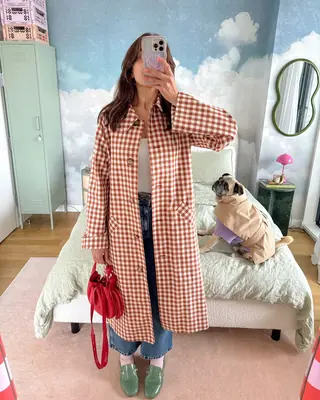 Image de Trench Coat Rouge Carreaux Femme - Style Streetwear Automne