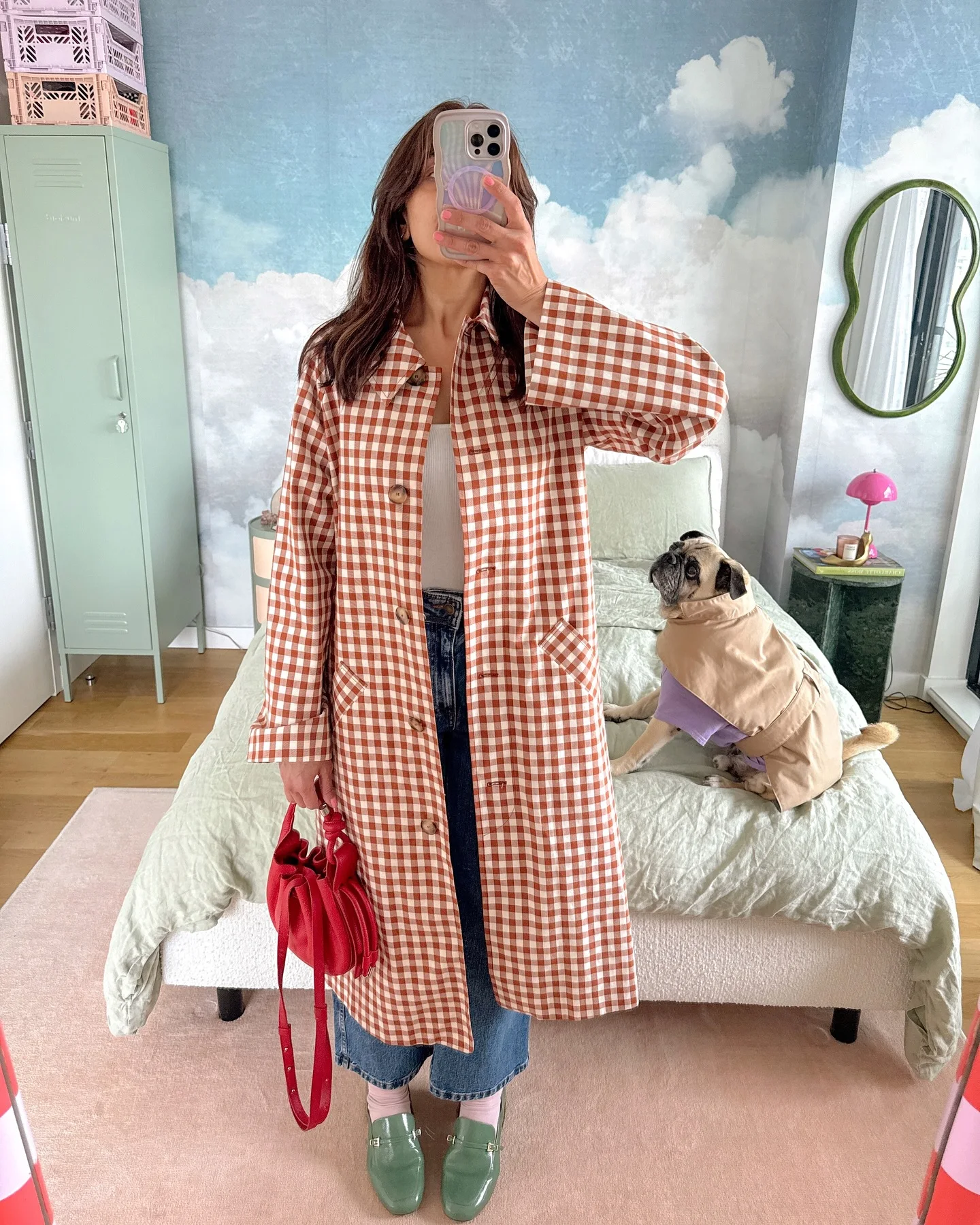 Immagine di Trench Lungo Scozzese Rosso da Donna con Risvolto – Giacca Casual Monopetto a Maniche Lunghe, Stile Streetwear Autunnale