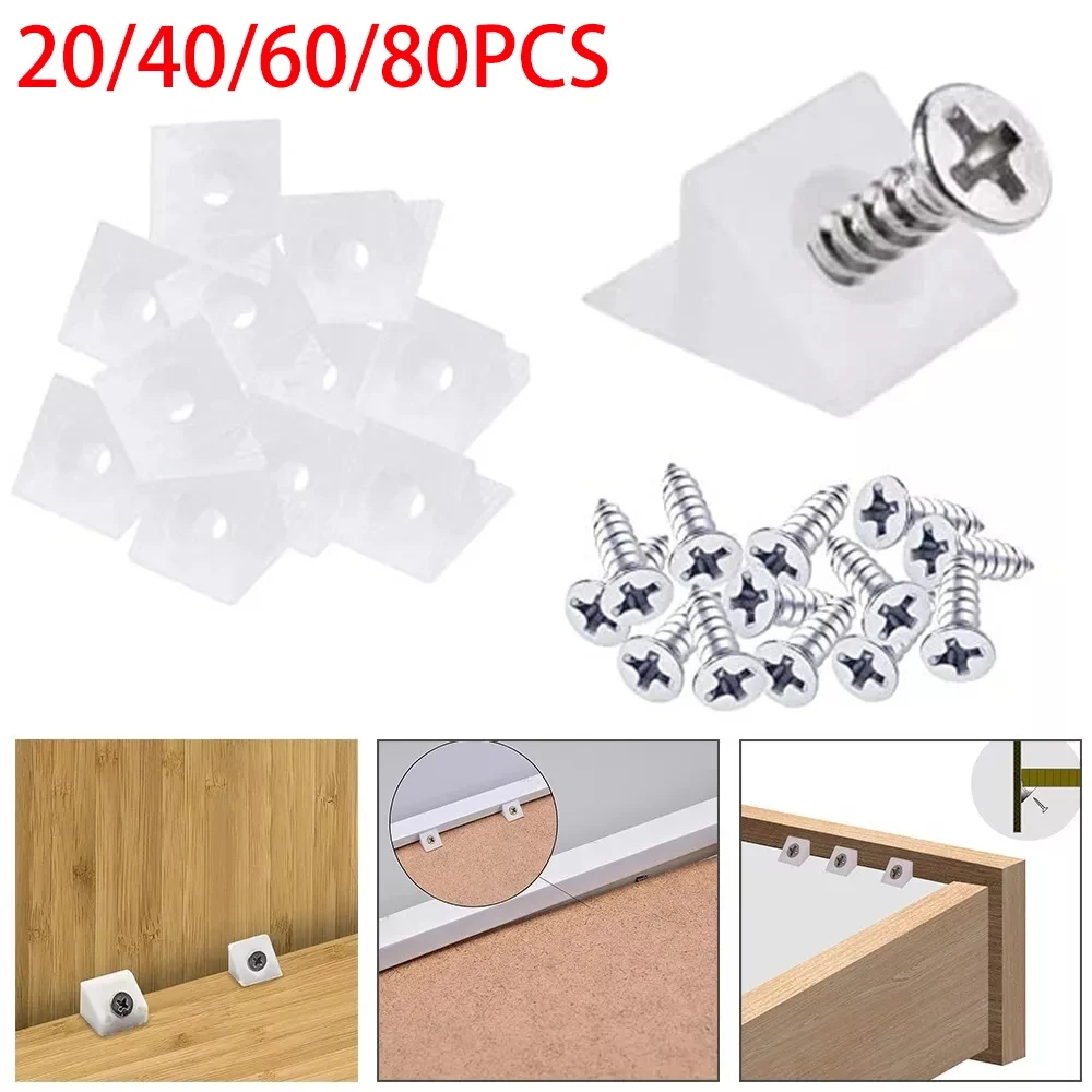 Immagine di 20/40/60/80pcs Cunei per cassetti con viti per supporto inferiore Armadi di riparazione in plastica Scaffali Codice angolare Staffa di fissaggio