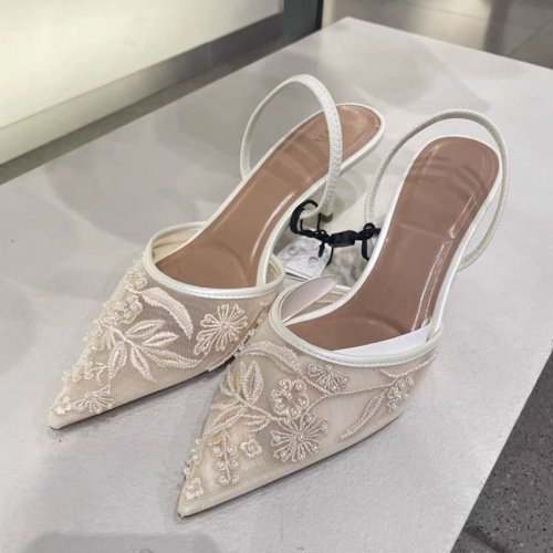 Imagen de Zapatos de tacón blancos de diseñador de marca para mujer, zapatos de malla con flores bordadas, correa trasera, tacones altos sexys, zapatos de boda para mujer