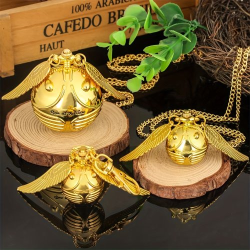 Złoty Znicz Kulisty – Kwarcowy Zegarek Kieszonkowy z Wisiorkiem w Formie Skrzydeł Anioła, Modny Naszyjnik dla Mężczyzn i Kobiet