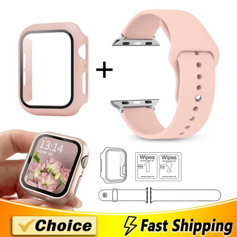 Bild von Premium Glasgehäuse und Ersatzarmband für Apple Watch – Kompatibel mit 38 mm, 40 mm, 41 mm, 42 mm, 44 mm, 45 mm, 49 mm + Displayschutzfolie für Apple Watch Serie 8, 7, 6, SE, 5, 4