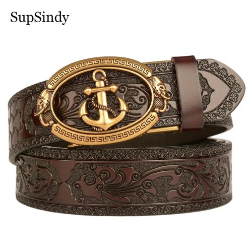 Afbeelding van Elegante Heren Leren Riemen met Gouden Anker en Automatische Gesp - Luxe Koeienhuid Tailleband voor Jeans en Formele Kleding