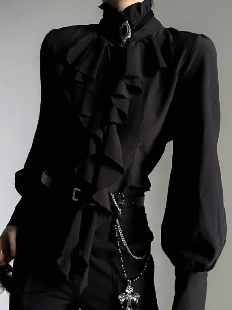 Blouse Harajuku Vintage Noire à Col Montant