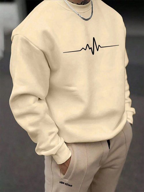 Afbeelding van Herfst en Wintermodieus Heren Fleece Trui met Grafische ECG Hartslag Print, Lange Mouwen en Ronde Hals – Comfortabele Casual Sweatshirt voor Dagelijks Gebruik
