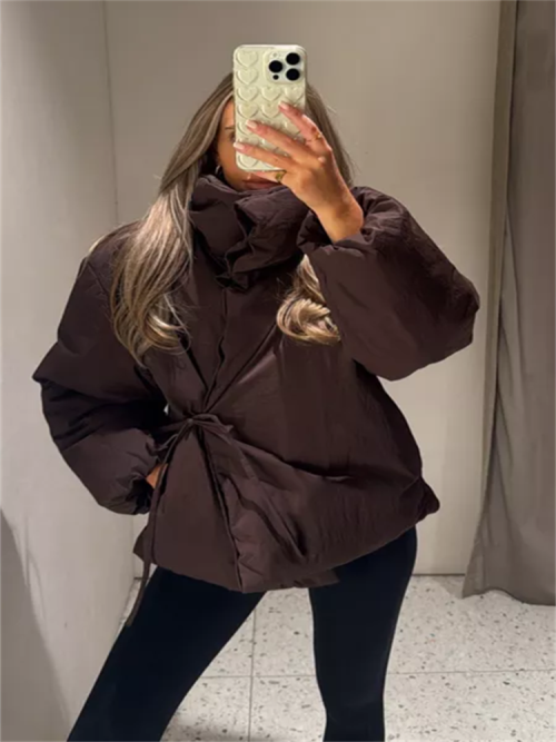 Zdjęcie Damska kurtka puchowa w stylu vintage z klapami, ocieplona, z długim rękawem – ciepła, modna kurtka zimowa dla kobiet, nowa kolekcja 2025