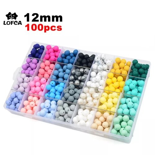 Imagen de Collar de Lactancia con Cuentas de Silicona 12mm - 100 Unidades, Mordedor Redondo para Bebés, Chupete Clip, Sin BPA, Grado Alimenticio y Colorido