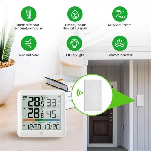 Imagen de Estación Meteorológica Interior y Exterior con Termómetro Inalámbrico y Higrómetro Digital con Sensor Remoto para Medición Precisa de Temperatura y Humedad