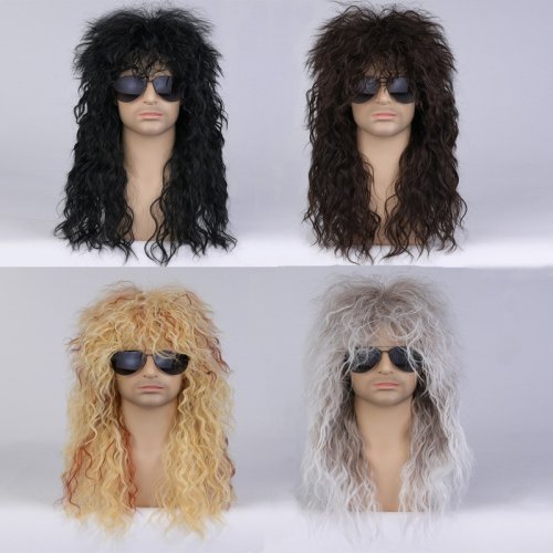 Bild von 80er Jahre Rocker synthetische Perücken für Männer, Vokuhila-Perücke, langes lockiges Haar, Perücke, Kussperücke, perfekt für Halloween, Cosplay, DIY-Themenkostümparty