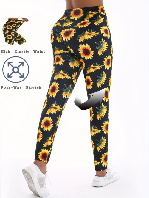 Imagen de Pantalones ajustados con estampado cepillado de girasol para mujer, mallas vaqueras de imitación, pa...