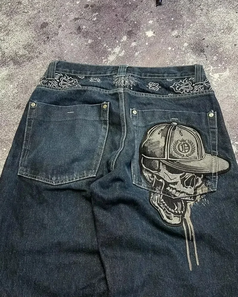 Image of Y2K American New Trend Hip-hop Gothic Embroidered Jeans Men's Street Harajuku Leisure Loose Straight Wide-leg Pants Unisex Jeans