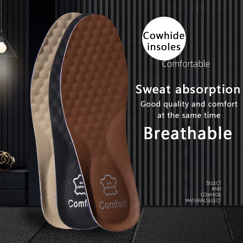 Imagen de Plantillas de cuero para zapatos, plantilla ortopédica con soporte para arco de pies, fascitis Plantar, almohadillas para zapatos, suela de zapato de piel de vaca absorbente de golpes, 1 par