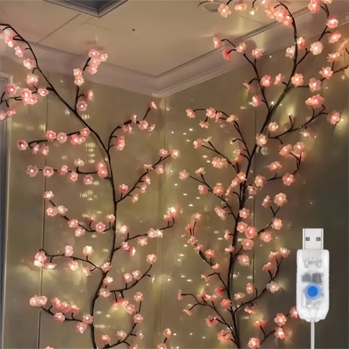 Afbeelding van Kersenbloesem LED Verlichting met USB Aansluiting - Rotan Boomtak met 96 LED's, 8 Kleurmodi voor Valentijn, Kerst, Bruiloft en Slaapkamer Decoratie